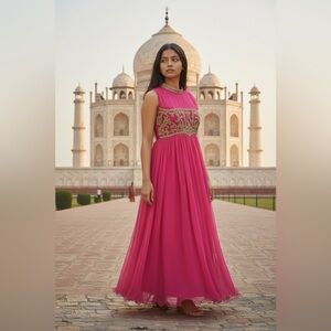 Beautiful pleated magenta and gold embroidered indian pakistani dress.